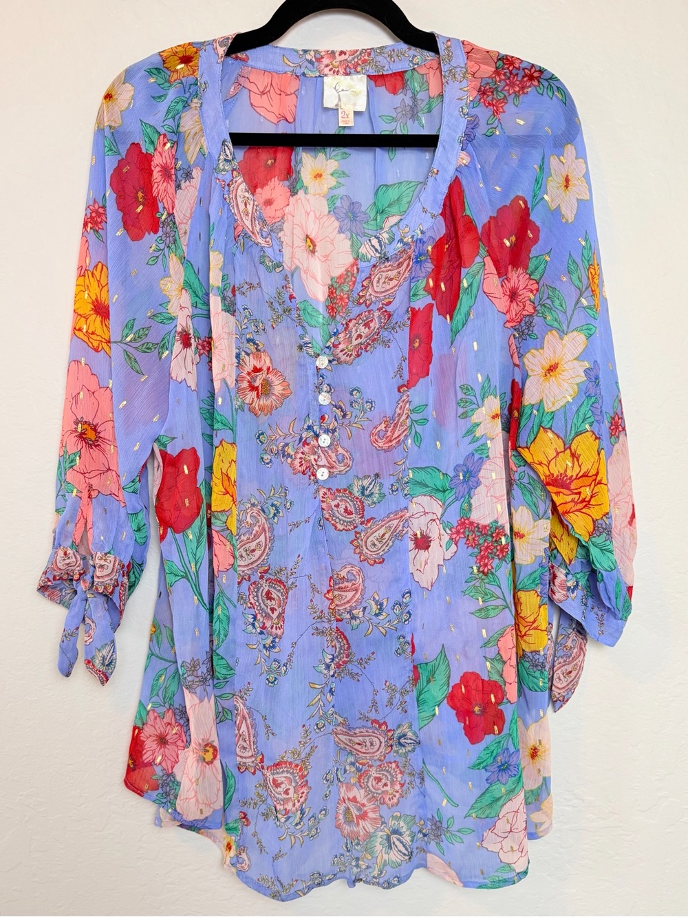 Fig & Flower Lavender Floral Tunic 2X Tie Sleeve Button Front Flowy Top